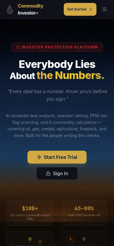 Commodity Investor+ homepage, a commodity toolkit with calculators and a sign-in.