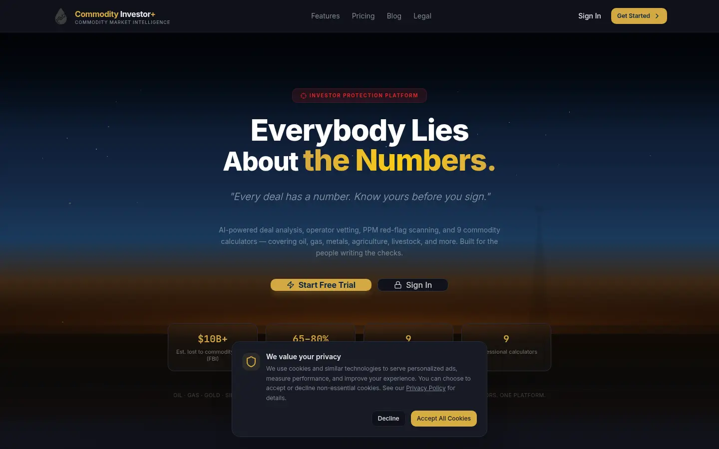 Commodity Investor+ homepage, a commodity toolkit with calculators and a sign-in.