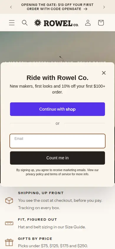 Rowel Co. homepage, a modern Western boutique shop with hats, denim, and leather.