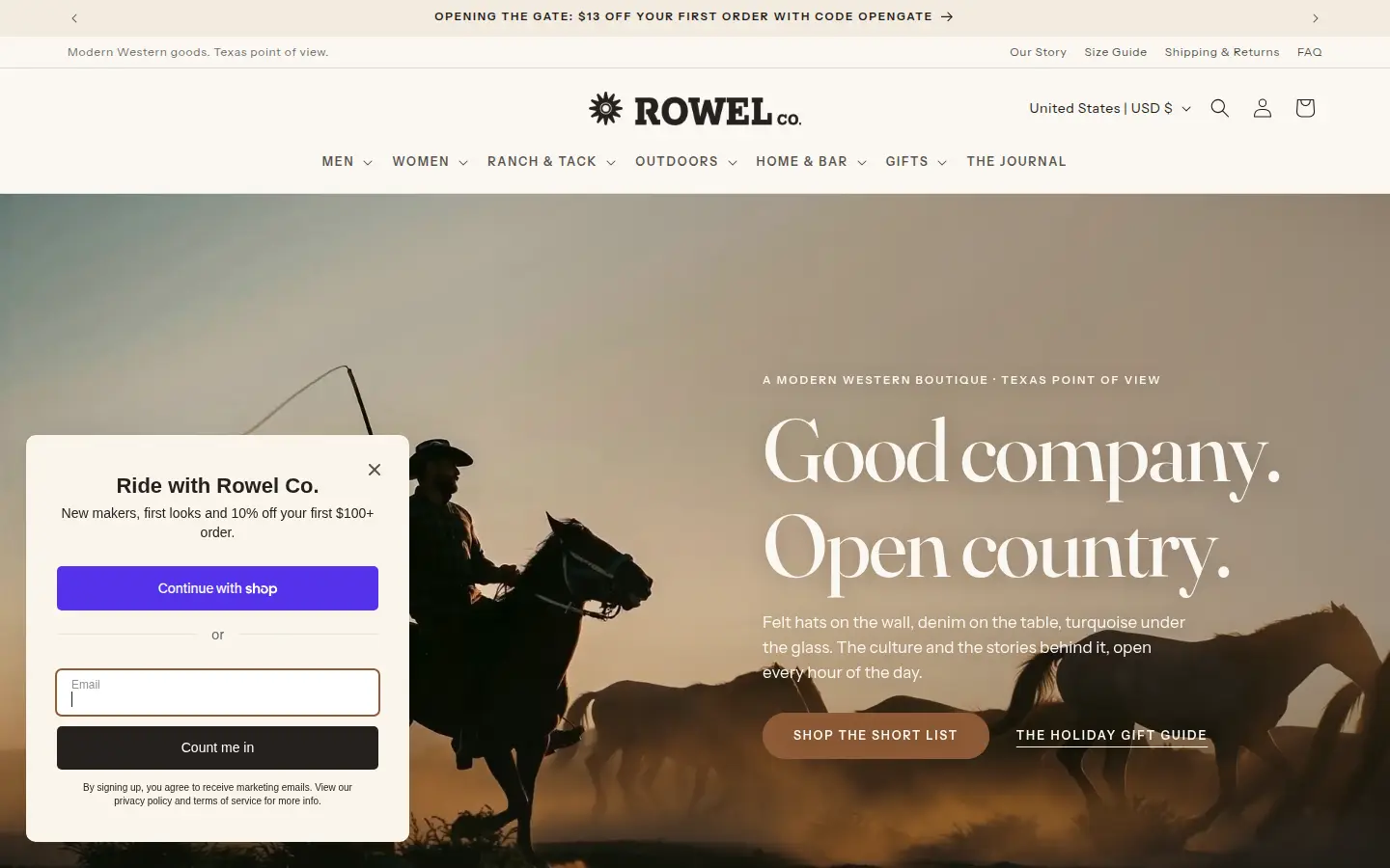 Rowel Co. homepage, a modern Western boutique shop with hats, denim, and leather.